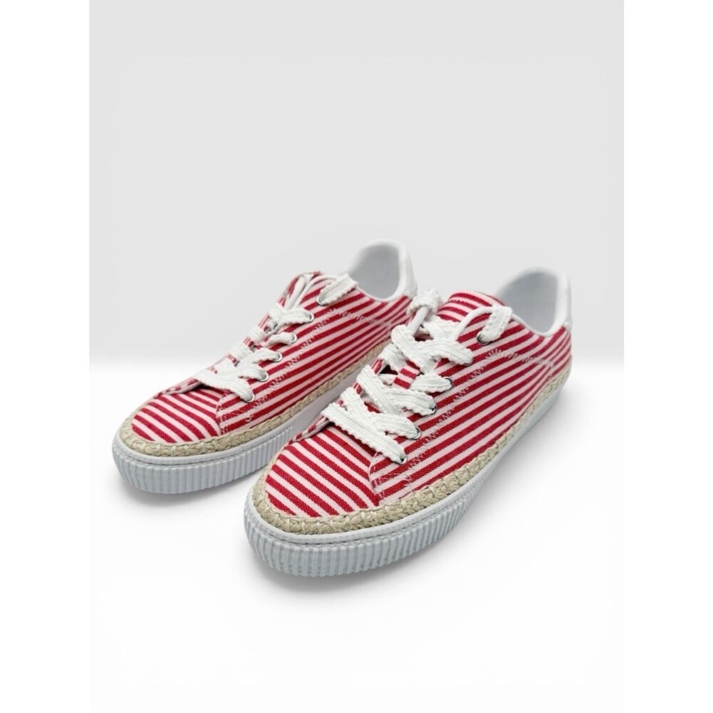 Marc Fisher Spryng Canvas Stripe Lace Up Sneakers Casual Red White 10 NEW